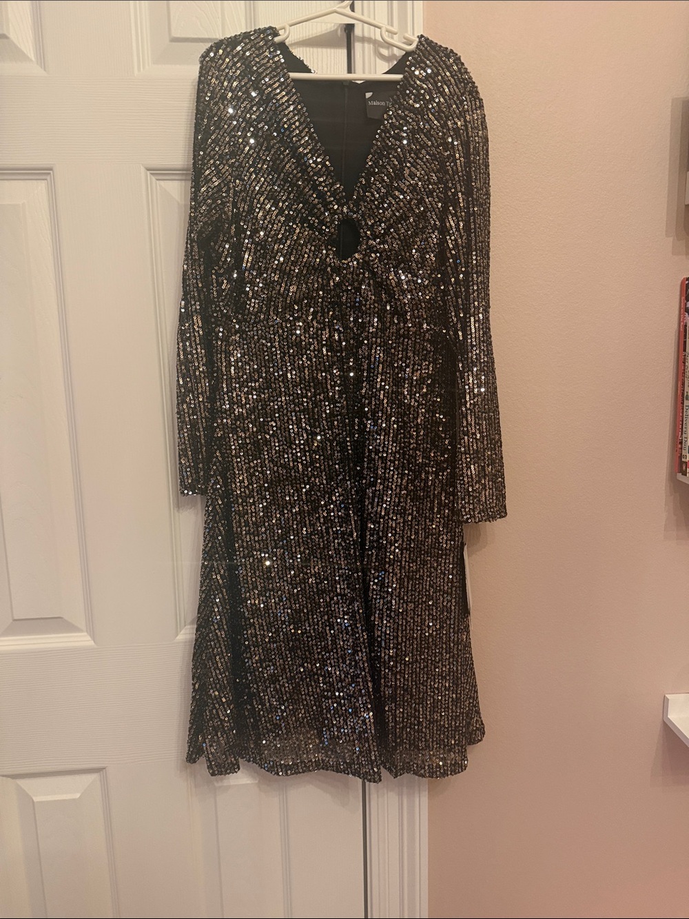 Maison Tara Black Sequin Long Sleeve V-Neck Dress